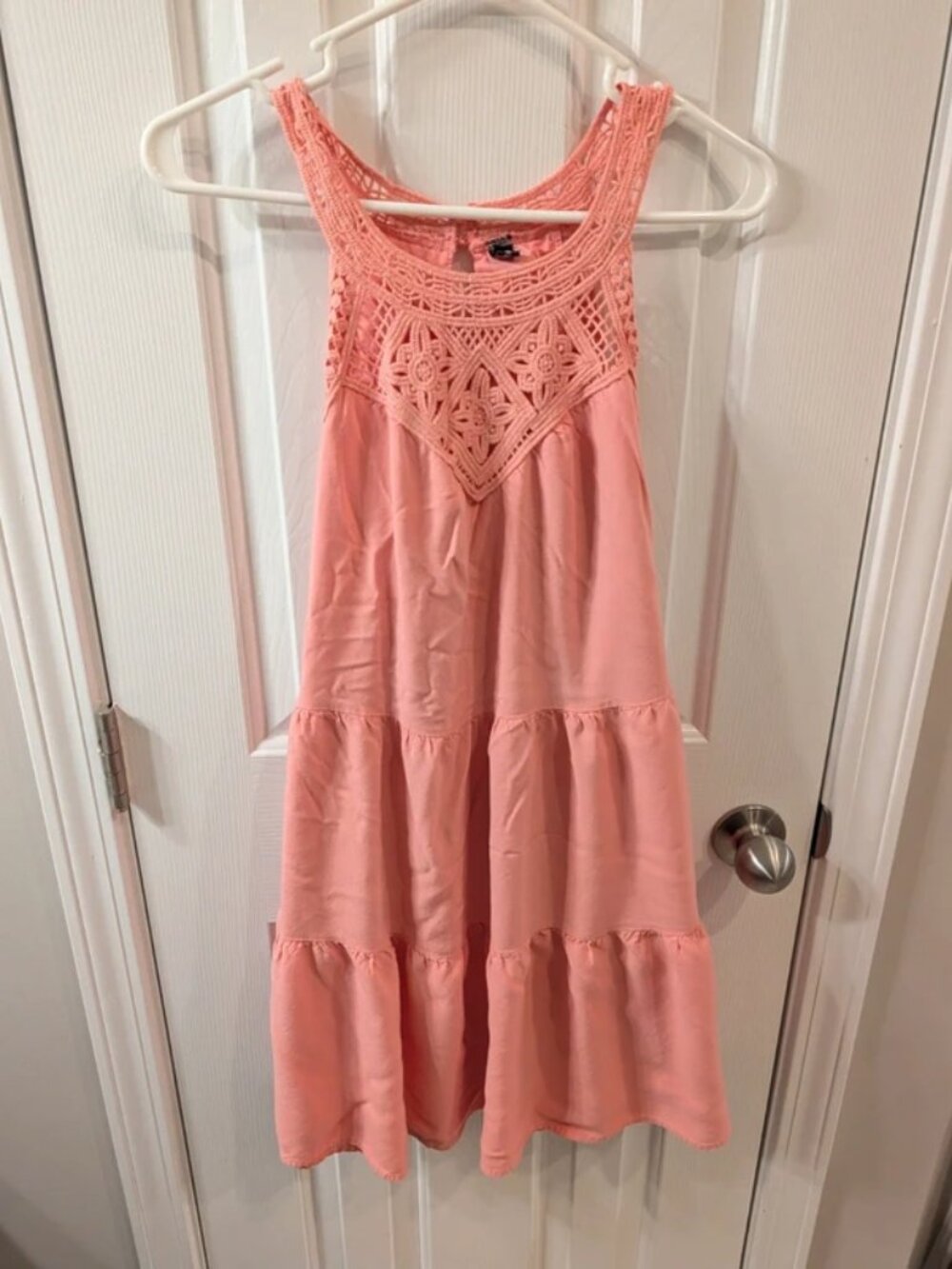 Lace crochet macrame high neck Tiered flowy sun dress coral bright pink